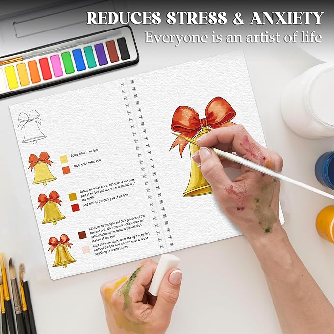 2Pcs Watercolor Workbook Beginner-Friendly Water Coloring Book with 12 Colors Paint Color with Paint Brush, Watercolor Paper, Beginner Watercolor Painting Kit Watercolor Paper - Valentine's Day Gift