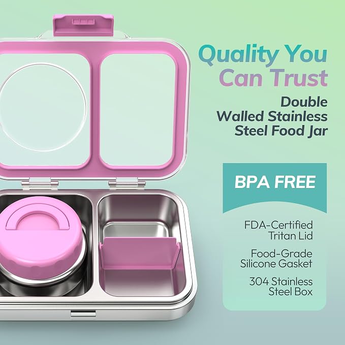 HOMEKOL Stainless Steel Bento Lunch Box + 9.5oz Insulated Food Jar, Purple | 2-Compartment Leak-Proof Container for Kids & Adults, BPA/BPS-Free, 18/8 Metal, Dishwasher Safe, Clear Tritan Lid