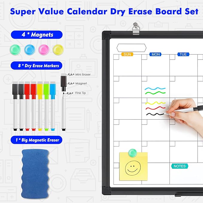 Dry Erase Calendar Whiteboard for Wall, 24" x 18" Magnetic Monthly White Board Calendar Dry Erase, Black Aluminum Frame with Tray for Home, School, Office
