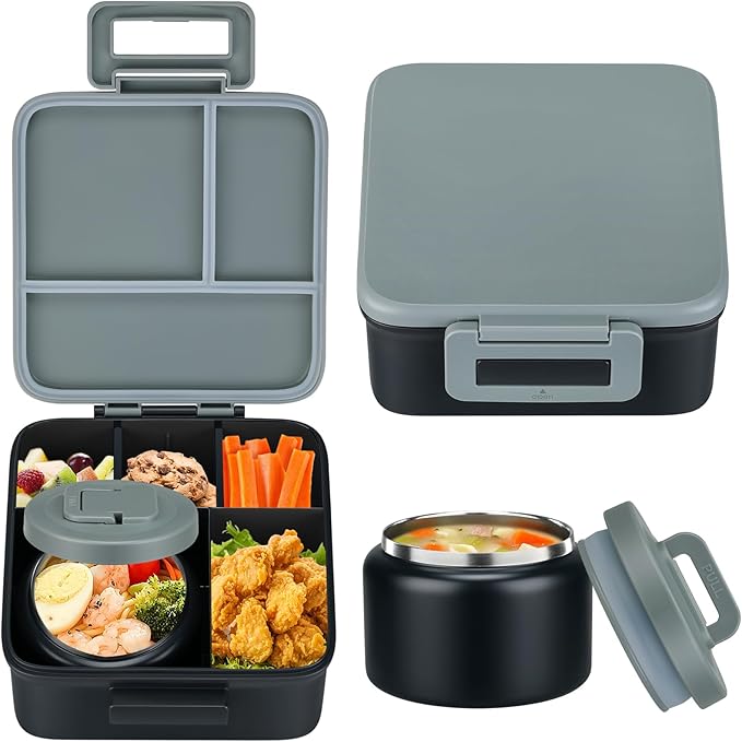 MAISON HUIS Bento Lunch Box with 8oz Soup Thermo, 5-Compartment Leak-Proof Container, Thermo Hot Food Jar and Insulated Lunch Bag, BPA Free,Travel, School (Gray)