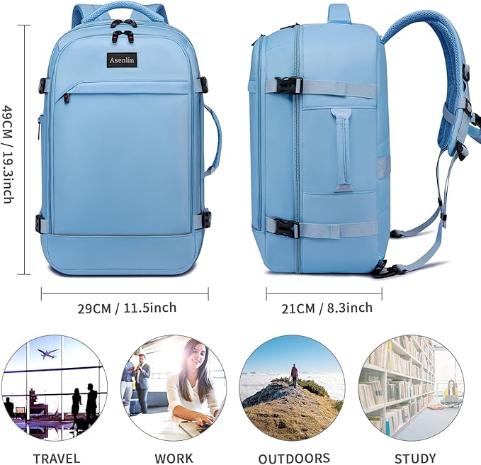 Asenlin Travel Backpack for Women Men,Flight Approved Carry On Luggage 40L Water Resistant Business Laptop Backpacks Fits TSA 17.3 Inch Computer College Weekender Outdoor Hiking-Light Blue