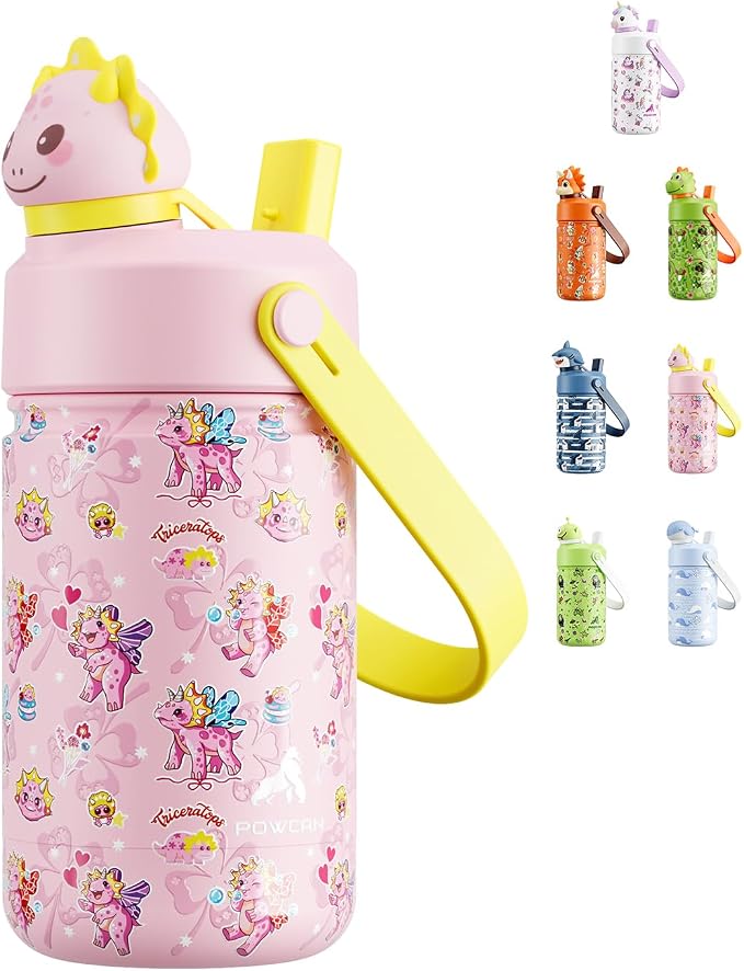POWCAN 12 oz Kids Water Bottle: 2-in-1 Straw Spout Lid with Soft Animal Head, Leakproof, Backpack Friendly, Keep Cold 24H, Cute Patterns, Insulated Cup for School, Playtime, Trip, Gift (Lovely Trike)