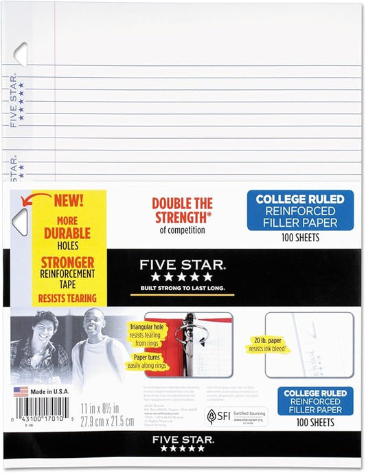 Five Star Loose Leaf Paper + Study App, Notebook Paper, College Ruled Filler Paper, Reinforced, 8.5 x 11, 100 Sheets (17010)