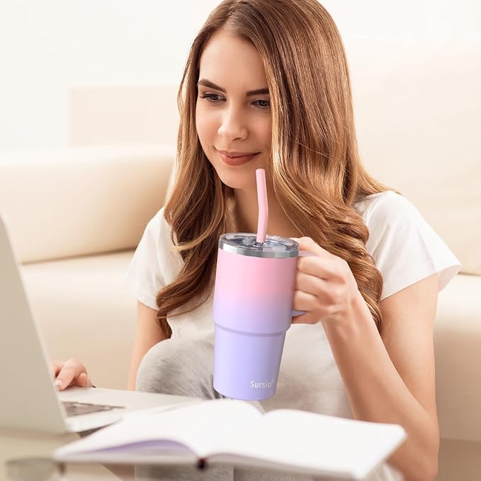 Sursip Insulated Coffee Mug with Handle and Lid, 24 oz Double Wall Vacuum Travel Thermal Coffee Tumbler with Straw for Home, Office Stainless Steel Coffee Cup - Leak proof (Pink＆Purple)