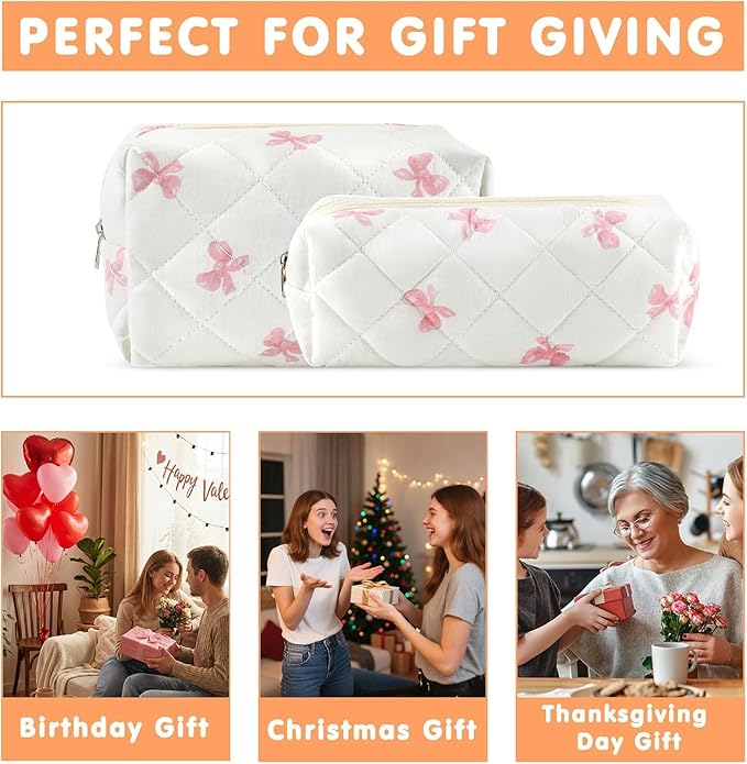 URSKYTOUS 2Pcs Cotton Quilted Makeup Bag for Women Small Coquette Cosmetic Bags Cute Zipper Pink Bow Makeup Pouch Aesthetic Portable Pencil Case Travel Toiletry Bag Trendy Cloth Skincare Bags