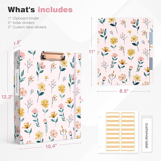Ospelelf 3 Ring Binder 1 Inch Round Rings, Clipboard Binders for Letter Size Paper with 5 Tab Dividers, for School and Office Supplies, Pink Floral