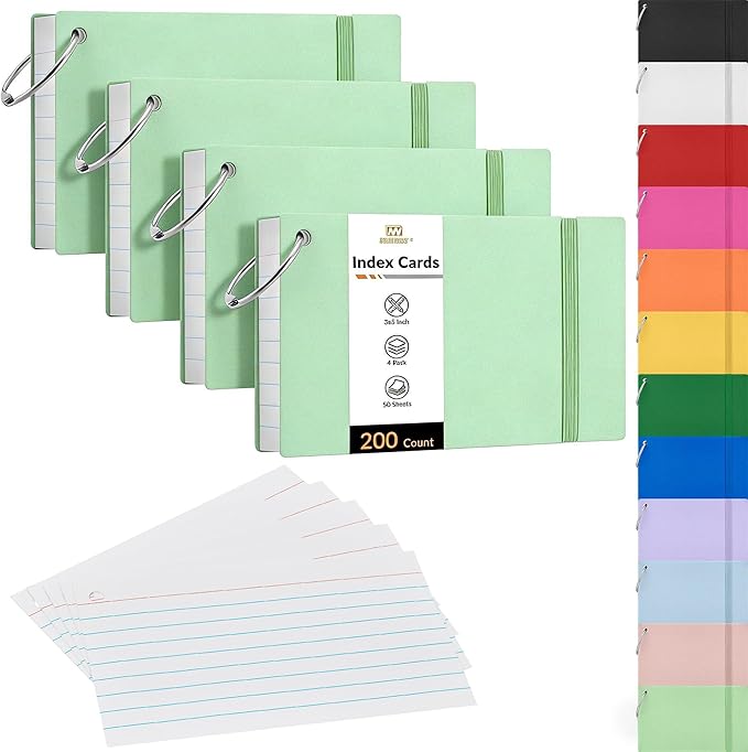 NEEWAY Ruled Index Cards with Ring 3x5 Inches, 200 Count Note Cards Lined, Flash Cards with Rings for Studying, Home and Office (Light Green)