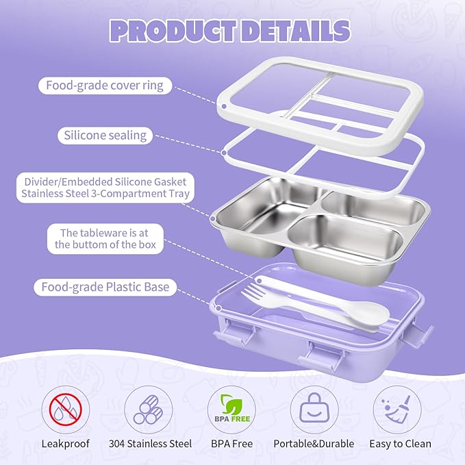 Kids Stainless Steel Lunch Box, 3 Compartments Leakproof Metal Bento Lunch Box, Containers with Silicone Lids for Office, Picnics, Dishwasher Safe, Purple