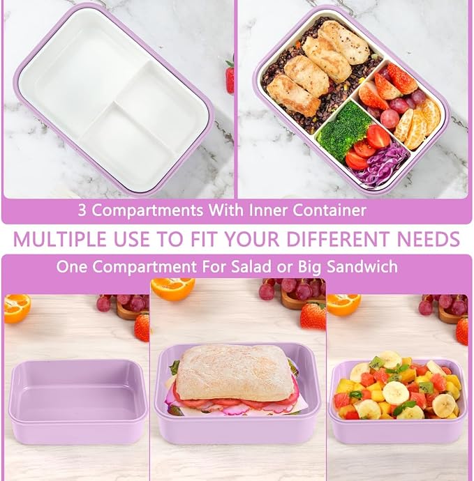LOVINA Bento Box for Adults - 1100 ML Lunch Box Container For Kids Teens | Built-in Spoon & Fork - Durable for On-the-Go Meal, BPA-Free and Food-Safe Materials(Light Purple)