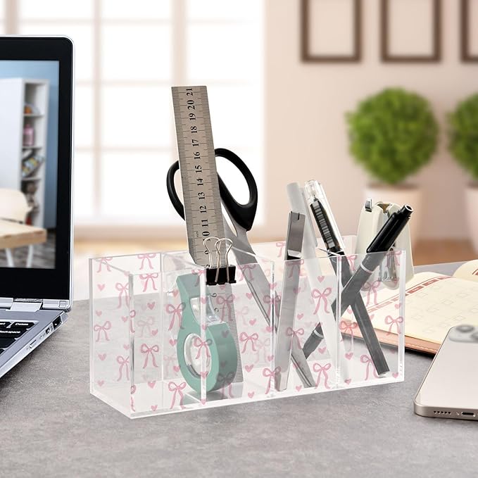 Aslsiy Cute Coquette Pink Bow Pen Holder White 4 Compartments Acrylic Pencil Holder Clear Makeup Brush Holder Desk Organizer Office Supplies