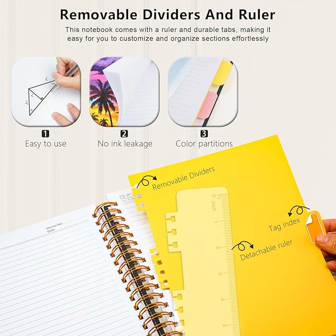 Hardcover Spiral Notebook College Ruled, 6.2"x 8.2" Leather Journal Notebook with Magnetic Closure, 300 Pages 5 Subject Notebook with Dividers Tabs Journal for Women Men, Work, School(Black)