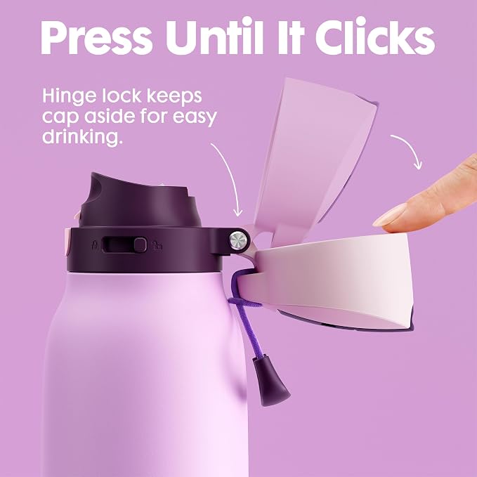 Meoky 24 oz Stainless Steel Slim Water Bottle: 2-in-1 Locking Lid, Lavender | Leak Proof, Straw and Spout, 24 Hours Cold, Top Handle, BPA Free, Insulated Water Bottle for Women Sports Travel Gym