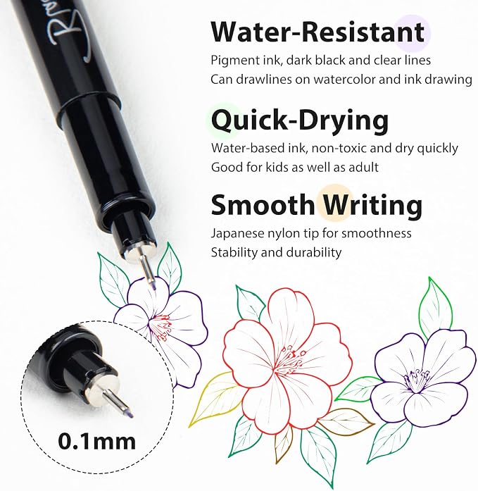 KERIFI 12 Colors Fineliner Pens, 0.25mm Extra Fine Point Micro Pens 01, Waterproof Archival Ink, No Bleed-Through for Bible Journaling, Planner, Sketching, Technical Drawing, Zentangle, Notes Taking