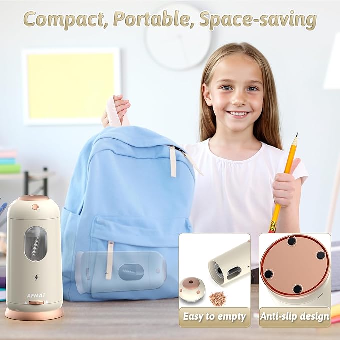 AFMAT Electric Pencil Sharpener, Auto in & Out, Fully Automatic Pencil Sharpener, Rechargeable Hands-Free Sharpeners for Jumbo & Colored Pencils (7-11.5mm), Good for Classroom/Home PSC8(Off White)