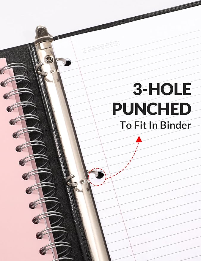 SUNEE Spiral Notebooks for Work with Removable Dividers & Tabs – College Ruled 5 Subject, 300 Pages, 3 Hole Punched, Durable PP Cover, 8"x10.5" – Notebooks for Office or School, Pink