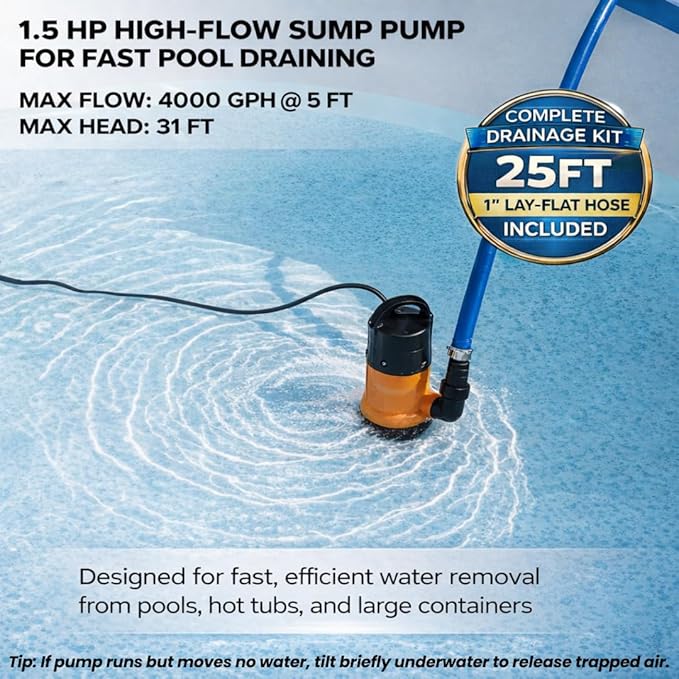 Sump Pump Submersible With 25Ft. Hose, Submersible Pump, 25Ft Cord, 4000GPH | 1.5HP Water Pump Submersible With 25ft. Hose Kit, Utility Pump, Sump Pump with 25Ft Cord For Pools, Garden Ponds, Basement