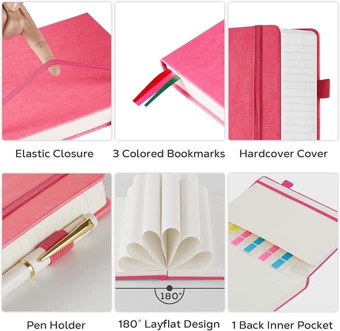FOCUS DAY Lined Journal Notebook for Women/Men Writing Work, 320 Pages A4 Large Notebook notepads 8.5 x 11 for Note Taking, Hardcover Leather Journal, 100Gsm Thick Paper, Pink