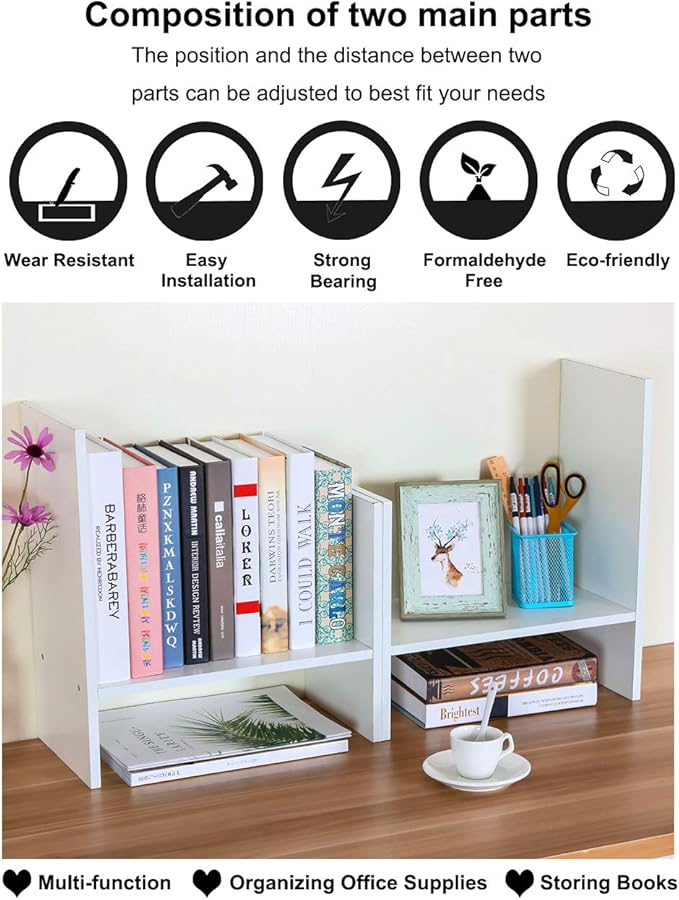 PAG Adjustable Desktop Shelf Wood Small Bookshelf Desk Supplies Organizers and Accessories Storage Display Rack Office Decor, White