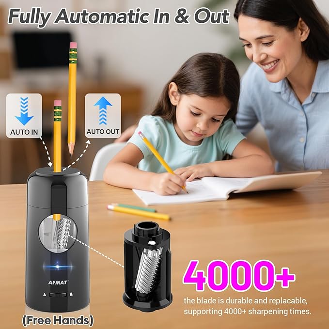 AFMAT Electric Pencil Sharpener, Rechargeable Fully Automatic Pencil Sharpener for Jumbo & Colored Pencils (7-11.5mm), Auto in/Out, Hands-Free, Portable for Home/Classroom/Office PSX6 (Black)