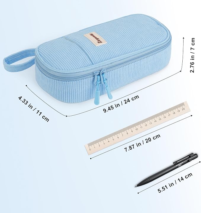Zzrywuty Aesthetic Pencil Case, Large Capacity Soft Corduroy Pouch with Handle, Wide Opening Blue Cute Stationery Bag & Organizer for School Office, Teens Adults