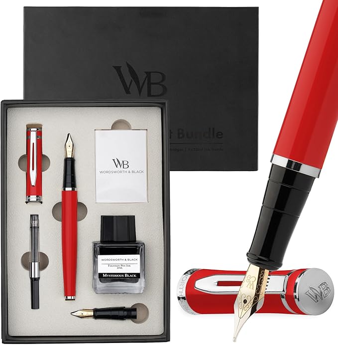 Wordsworth & Black Fountain Pen Set,18K Gilded Medium and Extra Fine Nib,25ML Black Ink Bottle,6 Ink Cartridges,Refill Converter, Gift Box, Smooth Writing Pens [Red Chrome],Gift Set for Men and Women