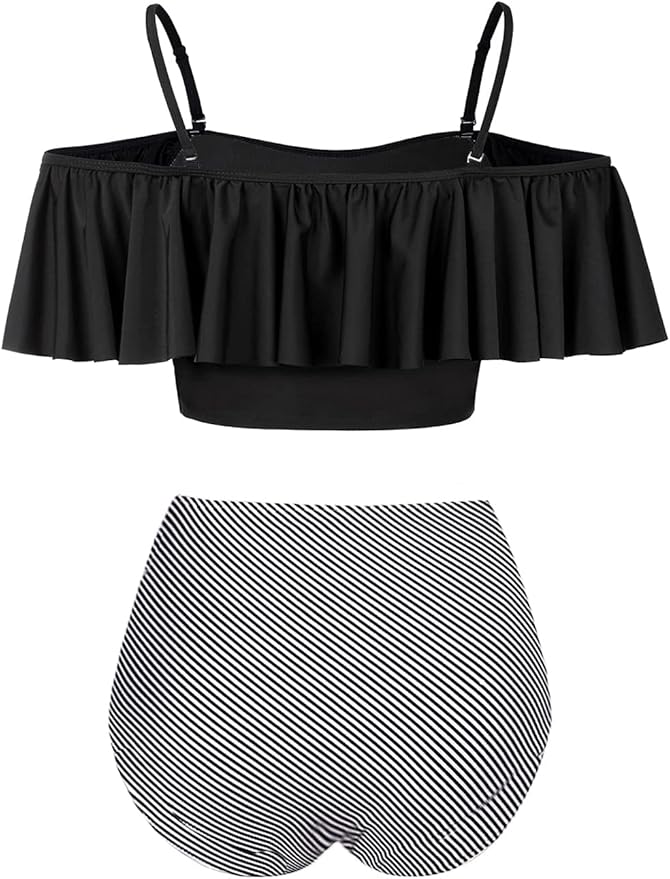 Kaei&Shi High Waisted Flounce Bikini Set,Tummy Control Swimsuits for Women,Off Shoulder