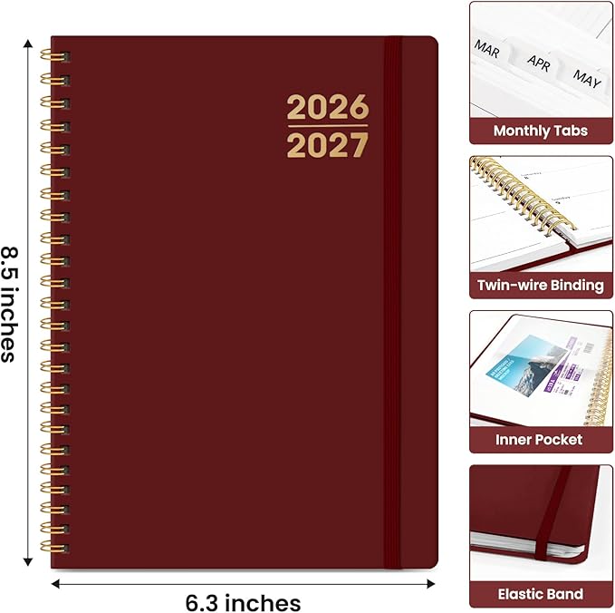 Planner 2026-2027 for Women & Men, Academic Monthly and Weekly Calendar Planner, Jul 2026 - Jun 2027, A5 (6.3" x 8.5"), Teacher Student Planning Book with Tabs, Ideal for Office School Supplies - Burgundy