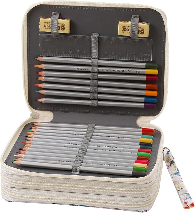 72 Slots Pencil Case Organizer w/Removal Handle Strap | 3-Layer Zipped Pencils Box Large for Colored Pencils Watercolor Pencils for Office and Travel for Artist