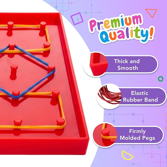 6 Pack Double-Sided Geoboard Mathematical Manipulative Material Array Block Geo Board, Educational Toy for Kids with Rubber Bands and 15pcs Pattern Card, STEM Shape Puzzle Brain Teaser Toy, 5x5 Inch