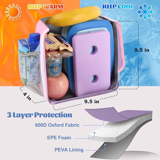 CaCTOUR Lunch Box Kids,Fun Color Lunch Box for Girls,Large Soft Cooler Lunch Bag for Kids,Back to School Thermal Insulated Lunch Tote Bag for School Daycare Outdoor (Light Purple)