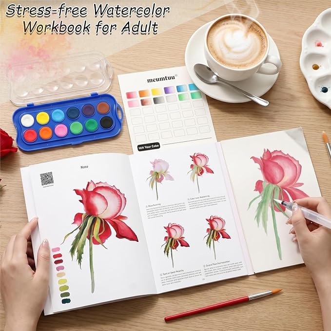 Watercolor Workbook for Beginners - Water Colors Paint Adult Set Including Video and Step by Step Tutorials,12 Flowers Water Coloring Book，300GSM Bleed-Resistant Paper，Relaxing Art Gift for Adults (Floral with Paints)