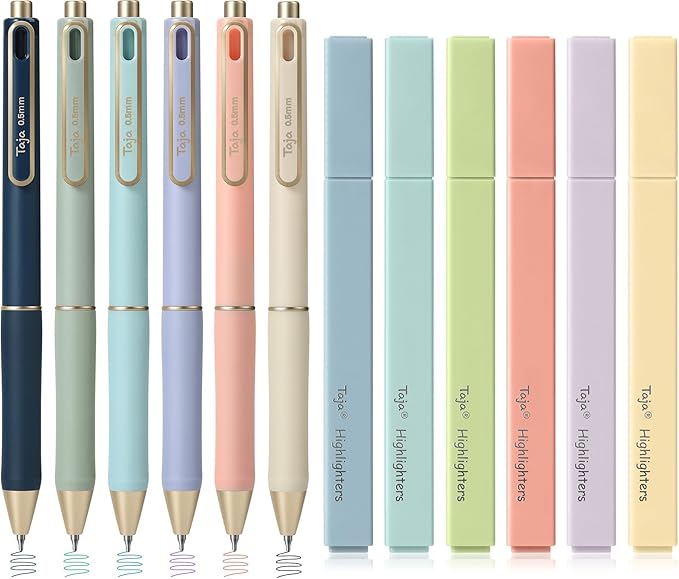 Taja 12 Pack Aesthetic Highlighters and Gel Pens Set, 6 No-Bleed Pastel Highlighters and 6 multicolor Ink Pens for Bible Study, Journaling, School and Office Supplies