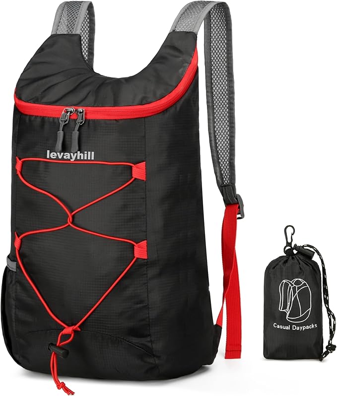 levayhill 16L Lightweight Foldable Hiking-Backpack Small Packable-Daypack For Travel,Ultralight Water-Resistant Gym Bag Men Women Easy Carry-on (Black+Red)