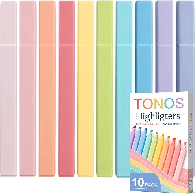 TONOS Highlighters Assorted Colors, 10 Pack Bible Highlighters No Bleed | Pastel Highlighters with Chisel Tip, Highlighter Pens for Journaling Bible Study School Notes Planner Office Supplies