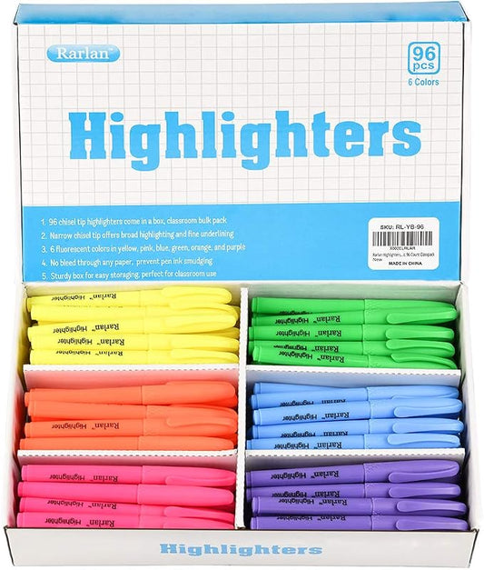 Rarlan Highlighters, Chisel Tip, Assorted Fluorescent, 96 Count Bulk Pack | Highlighters Assorted Colors for Classroom & Office, Study Essentials, Ideal for Back to School and Teacher Supplies