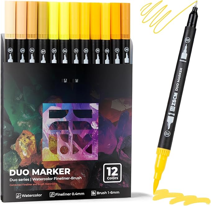 ZSCM Yellow Duo Tip Marker Pens, 12 Pack Fine & Brush Markers for Adult Coloring Books No Bleeding, Sunshine Yellow Markers for Summer Themes, Sunflower Art, Energetic Accents and Happy Doodles