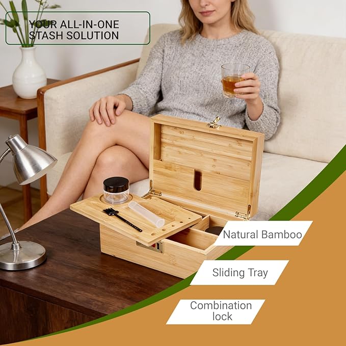 Bamboo Wood Desktop Organizer with 3 Glass Jars and Sliding Tray - Red Multi-Compartment Storage Case for Craft Supplies, Stationery, and Small Accessories (Natural wood colour)