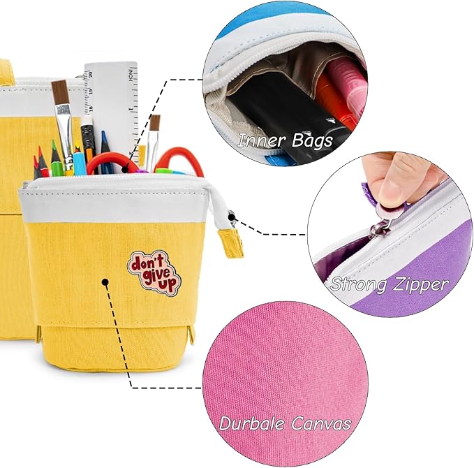 4 Pack Telescopic Pencil Case, Portable Standing Pen Pouch with Pins Zipper, 4 Colors Stand Up Stationary Holder Pop Up Make-up Bag for Pens, Cosmetics, Paintbrushes