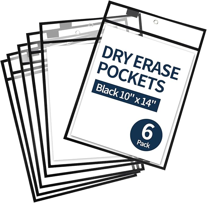 Ufamrine 6 Pcs Dry Erase Pockets Sleeves Black, Job Ticket Holders (10" * 13"), Reusable Plastic Sleeves for Teacher Classroom