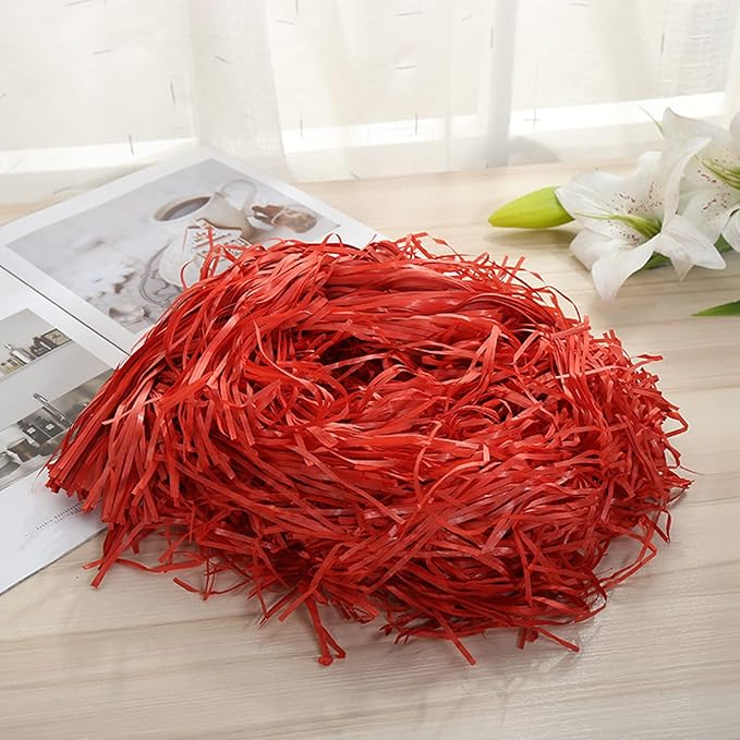 Raffia Paper Shreds, 100g Shredded Paper for Gift Box, Crinkle Cut Paper Shred Filler for Gift Wrapping & Basket Filling(Red)