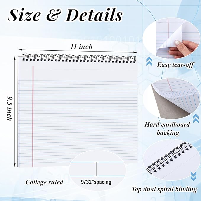 MotiMind 6 Pcs Legal Pads Landscape Notebooks Hole Punched Top Spiral Bound Notebooks 11 x 9.5 Inch College Ruled Drawing Notepad Tear Line for Removal 40 Sheet Office Steno Book (White)