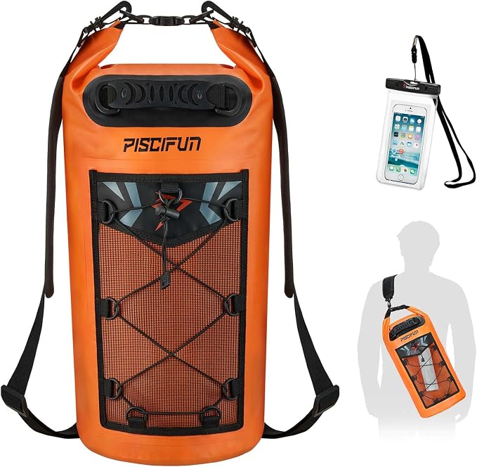 Piscifun Dry Bag, Waterproof Floating Backpack 10L/20L/30L/40L | Waterproof Phone Case, Adjustable shoulder straps, Roll-top closure keeps gear dry, Ideal for Boating, Kayaking, Fishing