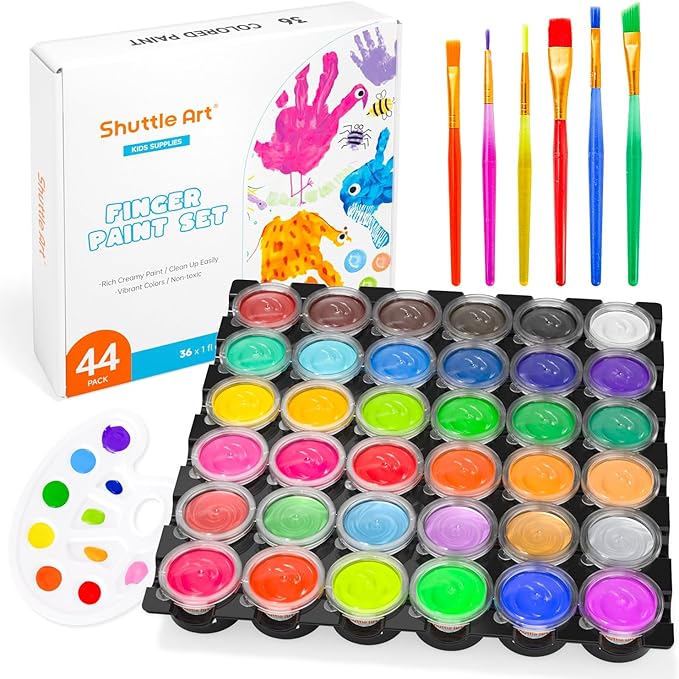 Shuttle Art Washable Finger Paint, 44 PCS with 36 Colors (1 fl oz) Toddler Paint, Paint Brushes, Palette, Non-Toxic Finger Painting for Toddlers