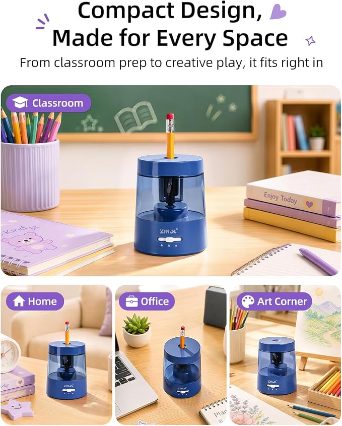 ZMOL Electric Pencil Sharpener, USB or 2 AA Powered, 6-8mm, Dark Blue