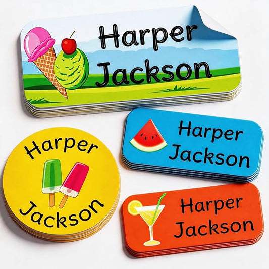 Waterproof Custom Name Stickers (135 Labels) - Personalized Daycare Labels for Clothing, Water Bottles, Lunch Boxes & School Supplies - Ideal for Camp & Daycare - No-Iron (ice Cream)