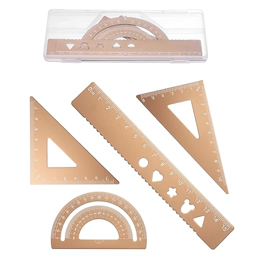 PATIKIL 4 Pcs Geometry Drafting Tool, Aluminum Alloy Geometry Kit Math Tool Includes 15cm L Ruler Protractor Triangles for Drafting Angle Measure Simple Science Experiment, Gold