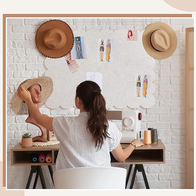 Mooliwe Scalloped Felt Bulletin Board 36 x 24 Inches Foldable Beige Pin Cork Board Alternative for Wall, 3' x 2' Trifold Picture Vision Self Adhesive Bulletin Decorative
