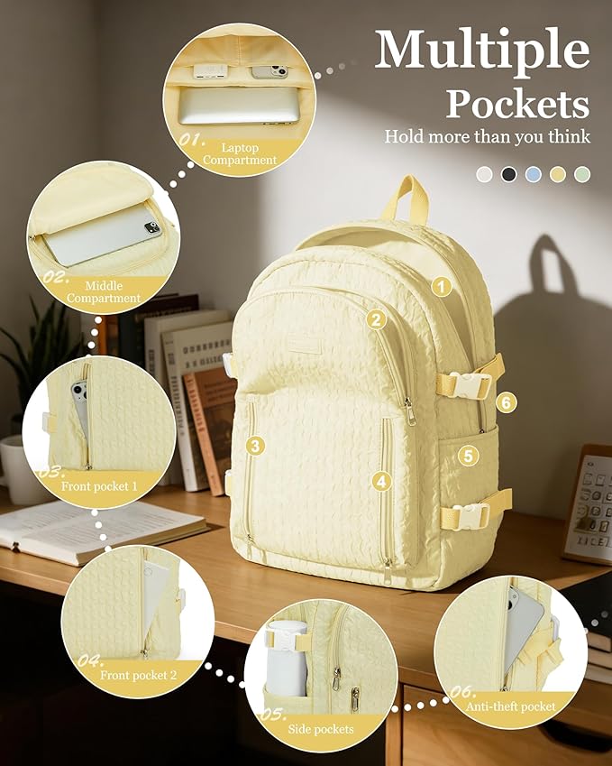 weradar Lightweight Middle School Bag For Teens Girls,Kawaii Backpack For College Students,Aesthetic Bookbag,Cute School Backpack For Women Casual Daypack(Yellow)