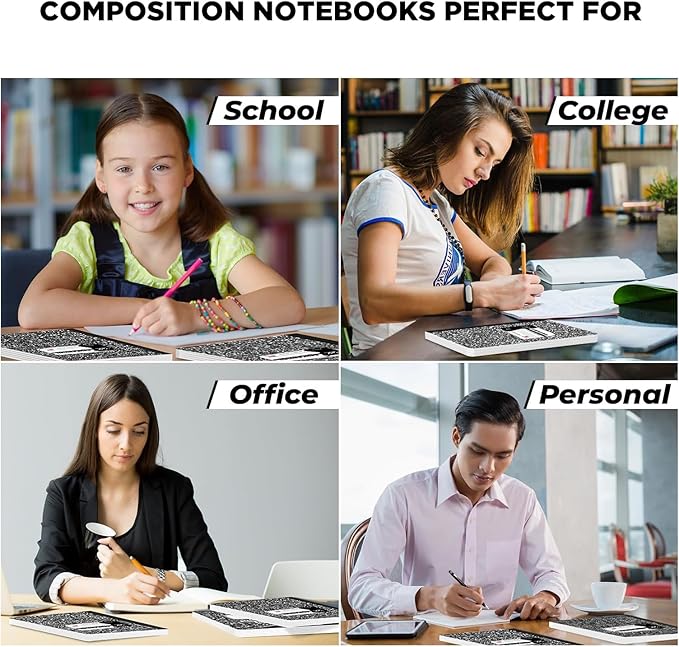 Woodlake Black Marble Composition Notebooks 4 Pack – 100 Sheets Wide Ruled 9.75" x 7.5", Sturdy Sewn Binding for School, College, Office Acid-Free Heavyweight Paper 200 Pages Made in USA