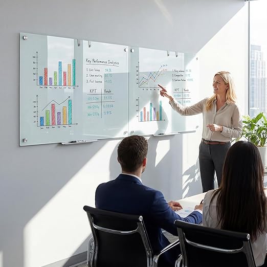 Goplus Magnetic Glass Whiteboard, 36" x 24" Wall Mounted White Board with Eraser, Accessory Tray, 2 Markers, 4 Strong Magnets, 2 Hanging Hooks, Frameless Glass Dry Erase Board for Office, School, Home